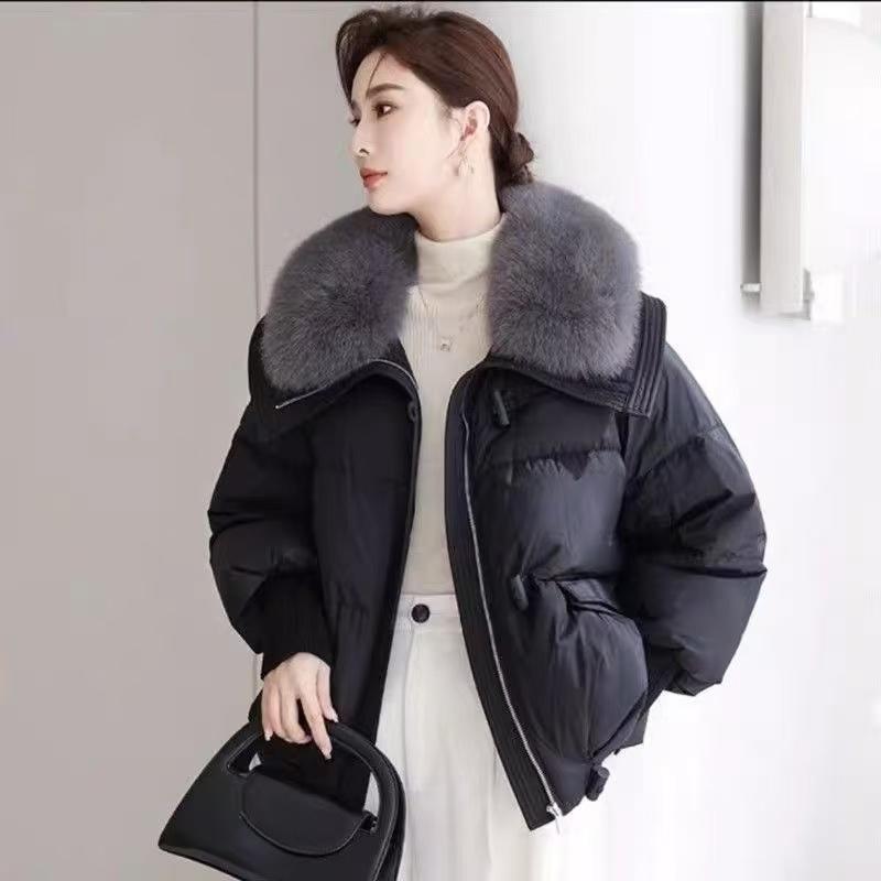 Women's Winter Down-Filled Coat - Short Style Loose-Fit Cotton Jacket with Oversized Fur Collar and Thickened Lining