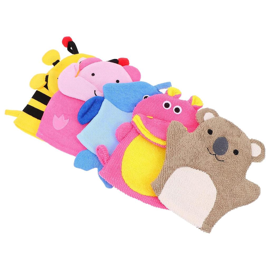 Kids Bath Mitts, 5 Pcs Cute Animal Washcloths Gloves, Bath Sponge Body Washcloth Mitt for Boys Girls Children Hand Bathing Shower