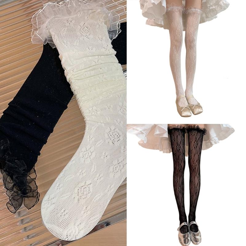 Japanese Fishnet Mesh Thigh High Stockings for Women Girl Flower Pattern Ruffle Lace Trim Frilly Over Knee Long Socks