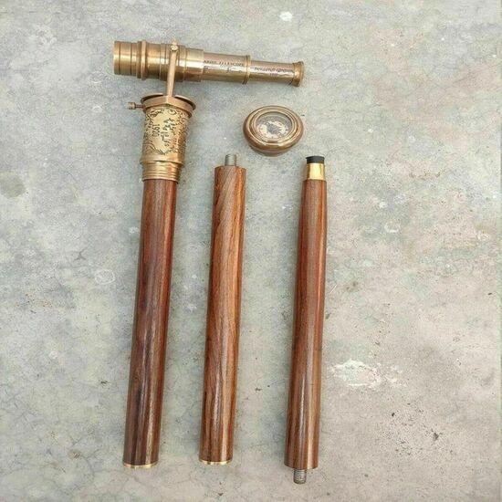Antique Brass Telescope Head Handle Victorian Wooden Walking Stick Cane