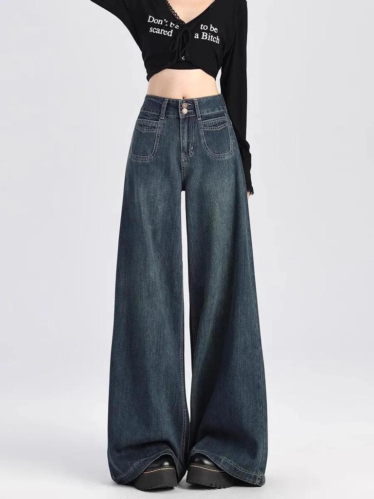 Women's High-Waist Wide-Leg Dark Blue Jeans - Retro, Slimming, Floor-Length, Spring/Autumn 2025 Collection