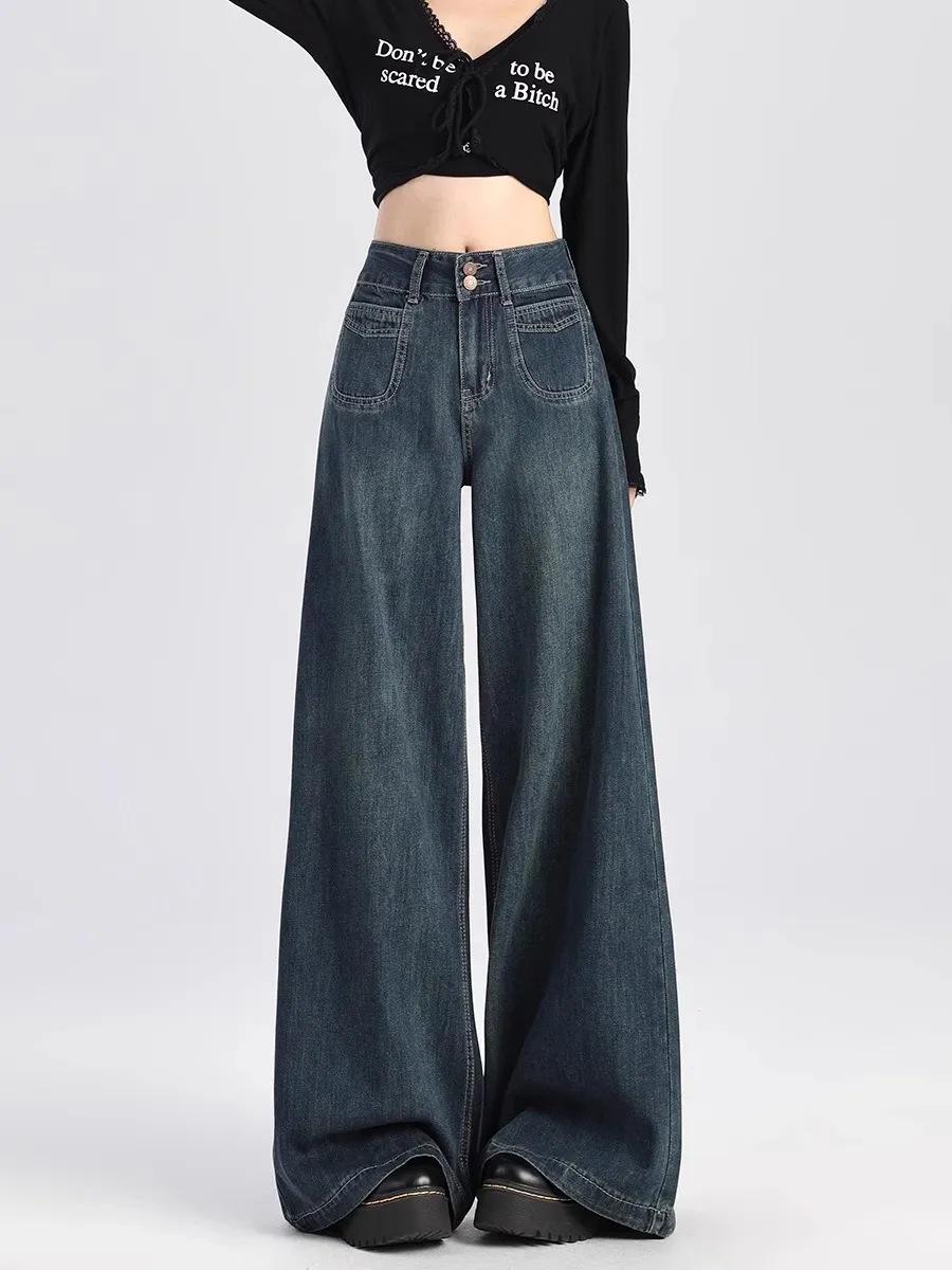 

Женские джинсы с высокой посадкой и широкими штанинами темно-синего цвета - Ретро, Стройнящие, Длина в пол, Коллекция Весна/Осень 2025 S