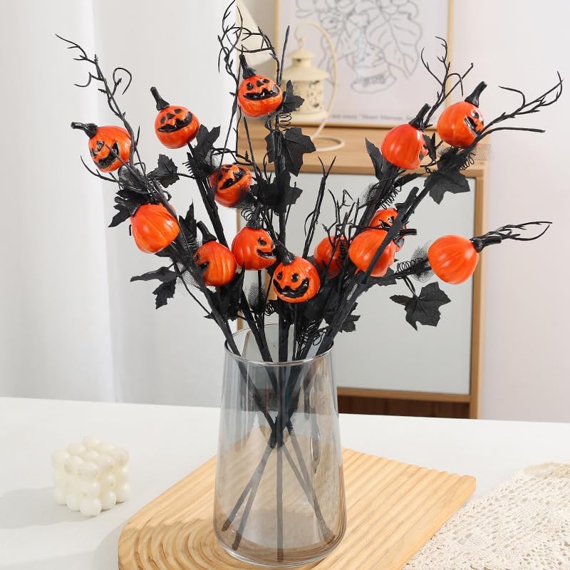 5PCS Artificial Halloween Flowers with Pumpkin Maple Leaf Branches Halloween Decorations Indoor for Office Home Mantel Vase Filler