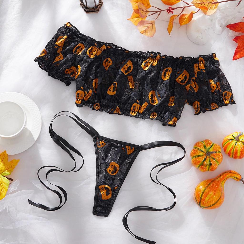 European-American Sexy Pumpkin Print Off-Shoulder Lingerie Set - Halloween Role Play Top & Tie-Up Thong