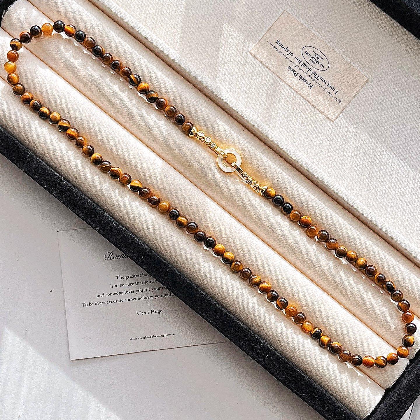 

Vintage High Quality Natural Tiger S Eye Stone Design Sense Sweater Chain Necklace Collarbone Chain Women