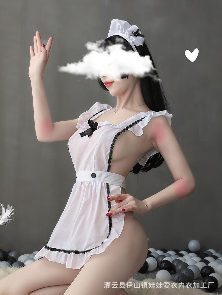 Internet celebrities shoot sex bow backless sexy female transparent seduction maid clothes maid one-piece suit