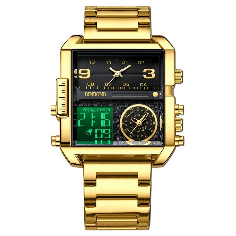 Top Brand Fashion Trend Square Double Display Electronic Watch Binbang Men's Student Waterproof Steel Band Watch Belt Quartz Watch