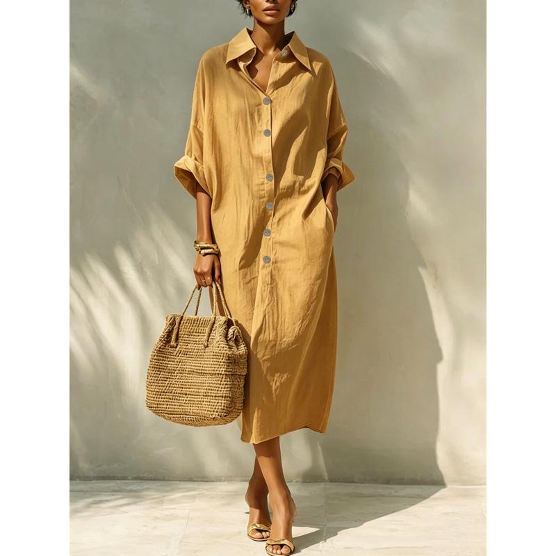 European and American women's new loose long single-breasted lapel design shirt dress women
