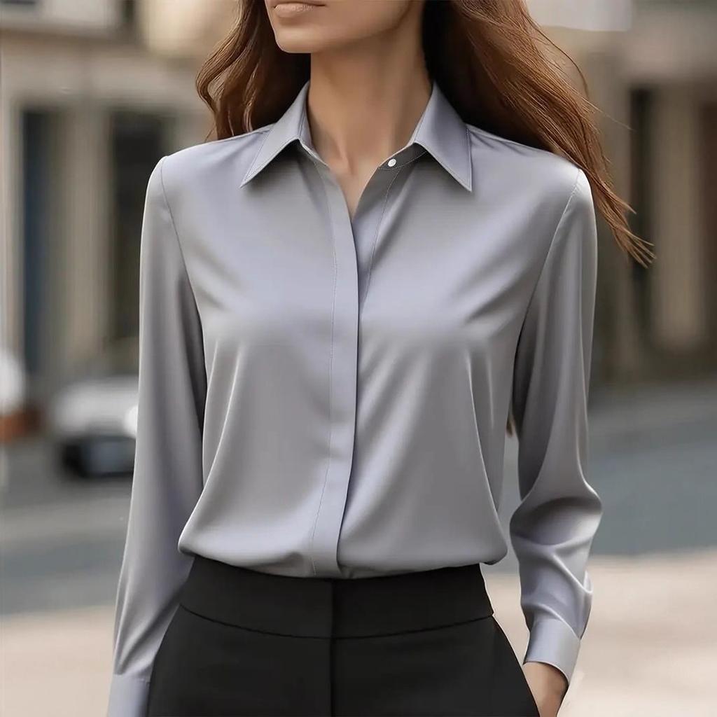 Damen-Hemd mit Umlegekragen, langen Ärmeln, aus Satin, Regular Fit, für den Weg zur Arbeit