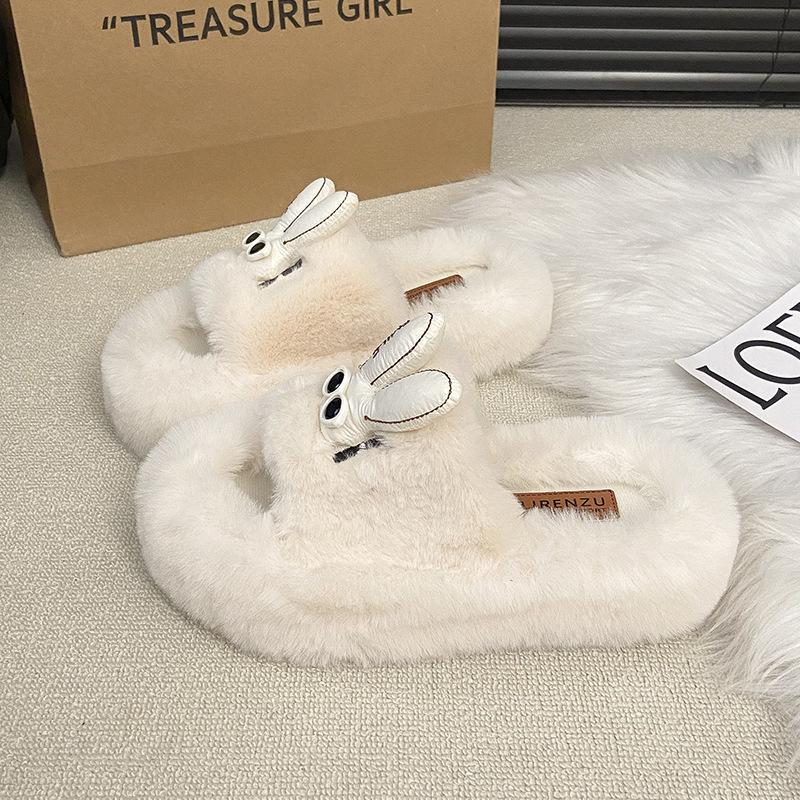 

Милые очки кролик пушистые тапочки женские 2025 новые корейская версия тренд удобные повседневные толстая подошва теплые хлопковые тапочки 40 бежевый