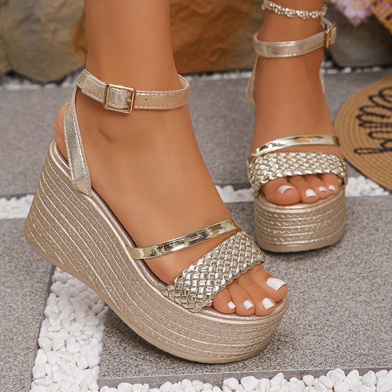 Pu Leather Weave Wedge Sandals for Women Fashion Gold Chunky Platform Sandals with Ankle Strap Summer Thick Bottom Beach Shoes