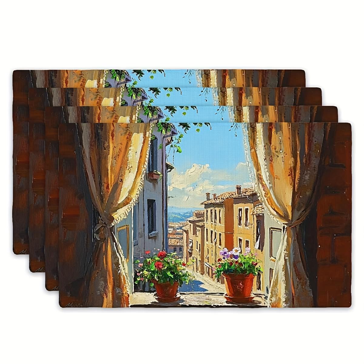 

4pcs Placemats Set - Elegant Window View Theme, Rectangular Kitchen Dining Table Mats (12 inches x 18 inches), Suitable for Holi 30x45cm-4PC