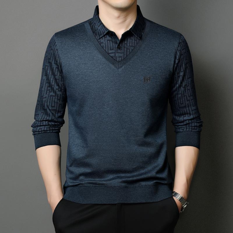 Höst Ny Stil Skjortkrage Tröja Casual Herr Mellanålders Mode Enkel Pullover Herrtröja Falska Två Delar