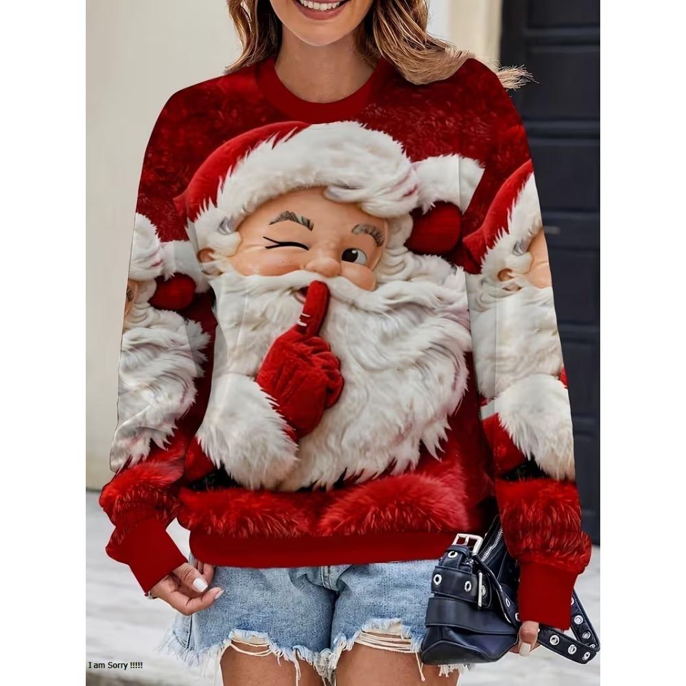 Women's long sleeved round neck casual hoodie, 3D Christmas element Santa Claus printed pullover, women's holiday party costume
