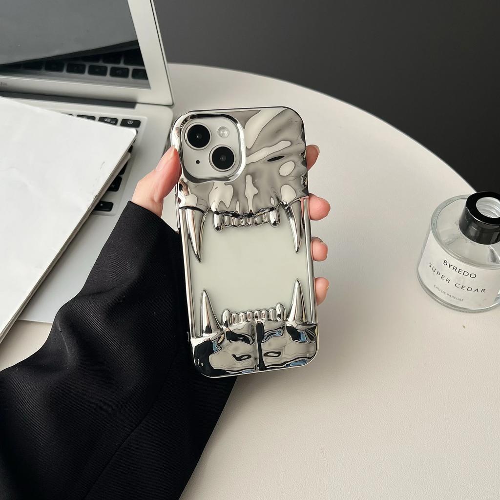 Plating Soft Rubber Frame Tiger Teeth-Shaped Phone Case For 11 12 13 14 15 16 Pro Max Plus TPU Lens Protection Shockproof Cover