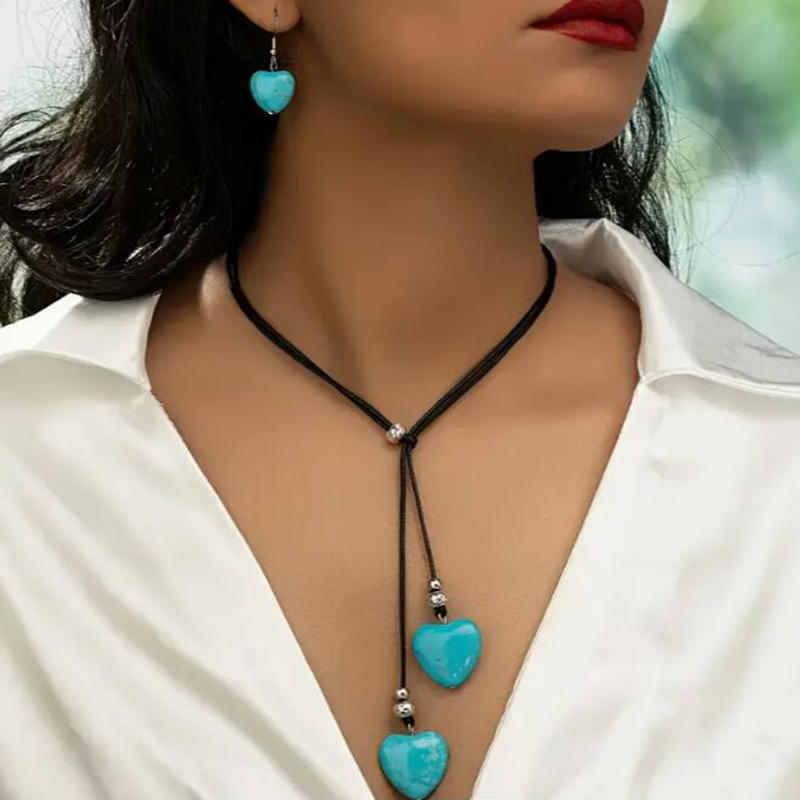 Women Fashion Stone Pendant Necklace Earrings Set Charming Love Round Shape Pendant Necklace