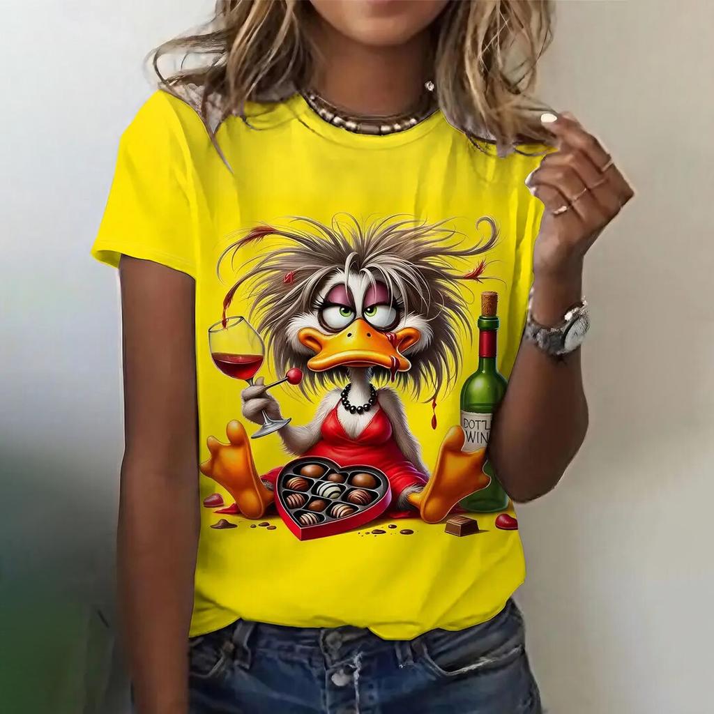 Sommar Rund Hals 3D Söt Tecknad Djur Grafiskt Tryck Topp Trendiga Casual Kortärmade Dam T-shirts