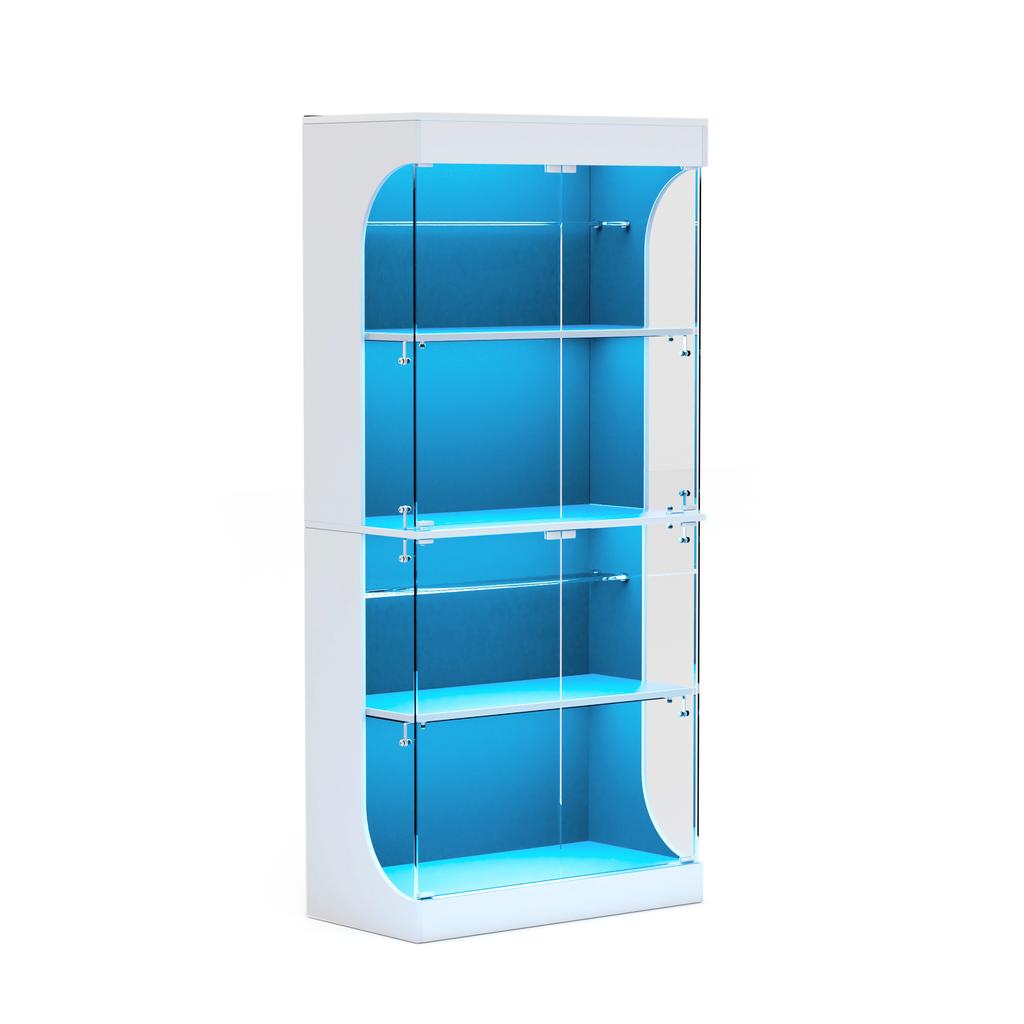 Four-tier glass display cabinet, storage, LED lighting, glass doors, smart sensors, dustproof, for living room, bedroom, offices. White. 80*35*165cm