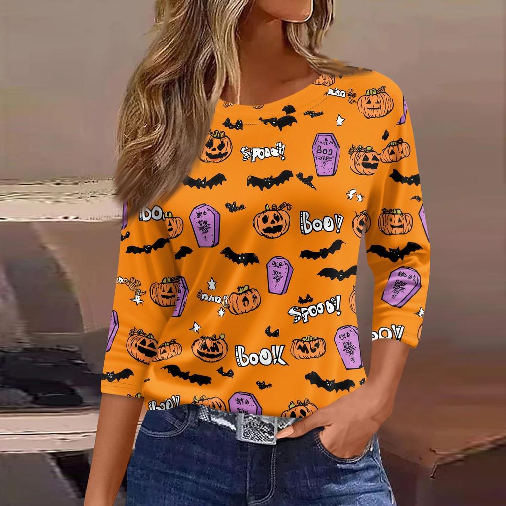 Women's 3/4 Sleeve Loose Fit Casual Shirt Round Neck Halloween Print Top Comfortable Lightweight Fabric Suitable for Everyday Wear