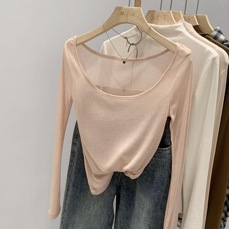 Large Round Neck Inner Long-sleeved T-shirt for Women In Summer, Sexy Hottie Slightly See-through Bottoming Shirt, Air-conditioning Shirt, Slim Fit