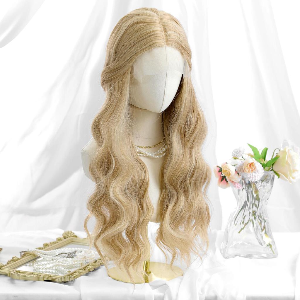 ALAN EATON Lace Front Blonde Ombre Wigs Synthetic Long Straight Wig with Dark Root for Women Daily Cosplay Party Heat Resistant Fiber