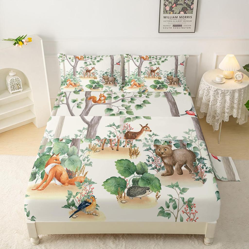 Forest Animal Fox Deer Bear Pattern Sheet Four-Piece Bedroom Room Dormitory Bedding Decoration