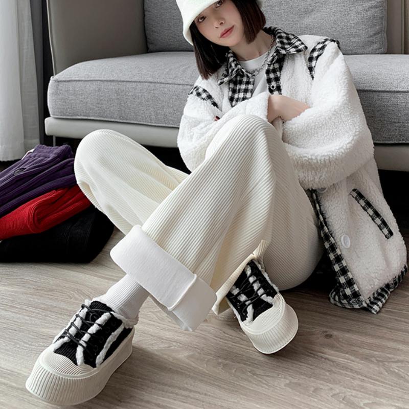 Autumn Straight Casual Loose Wide Leg Pants Women Fashion Winter High Waist Velvet Chenille Pants Ladies Elegant Drawstring Corduroy Trousers 25697