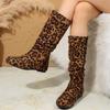 Fashion Sexy Leopard Print Mid Calf Boots for Women Autumn Winter Side Zipper Fashion Boots Woman Comfortable Flat Pleated Botas Mujer
