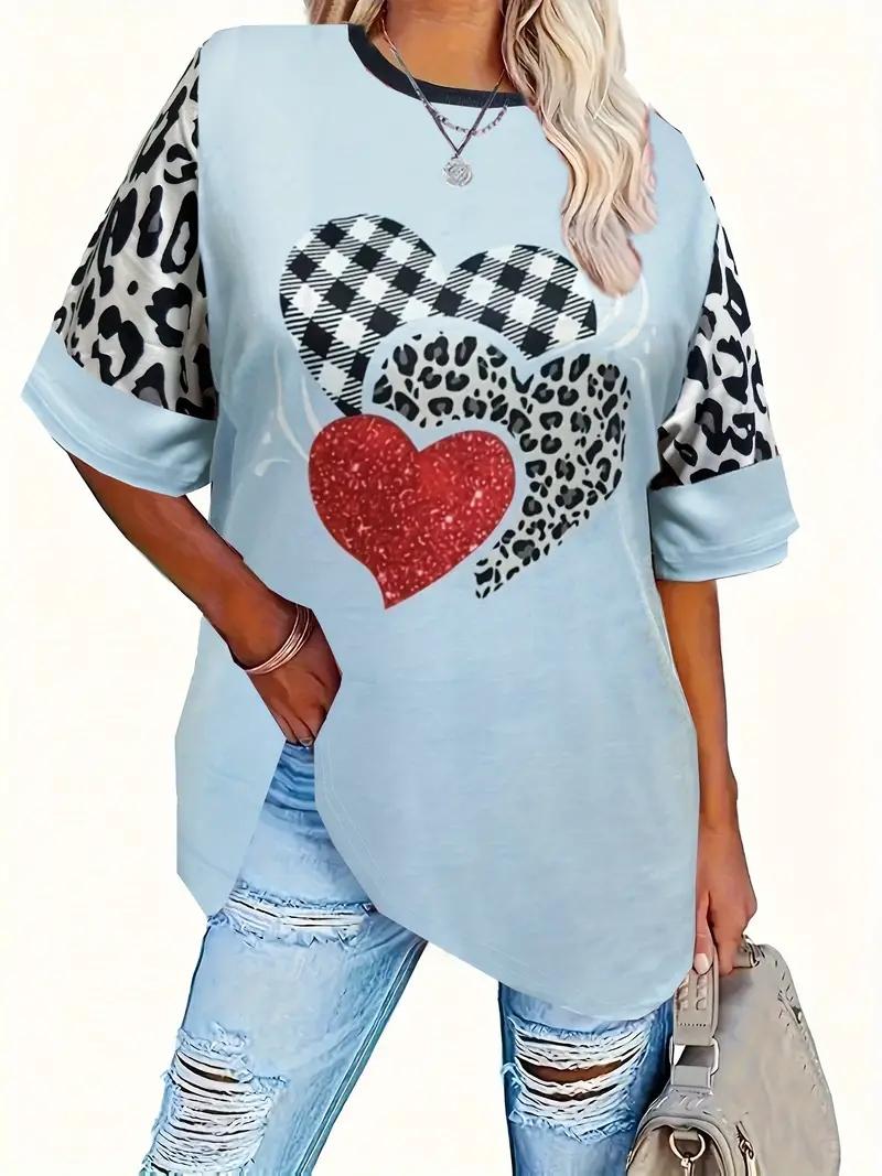 Plus Size Plaid Heart Print T-Shirt Casual Short Sleeve Top For Spring & Summer Women s Plus Size Clothing XL