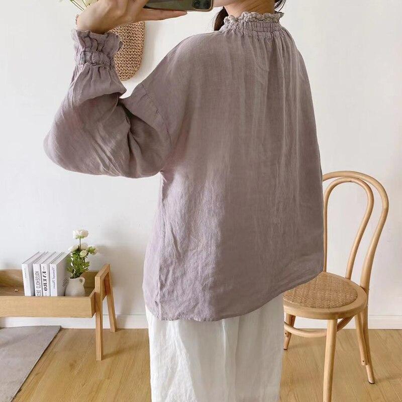 Johnature Linen Simple Women Tops Shirts Autumn Solid Color Loose Pullover Ruffles Sleeve Female Blouses