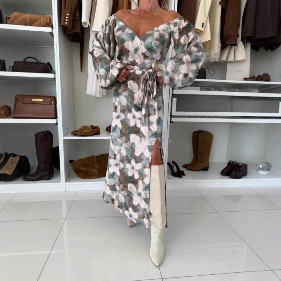 2026 European and American autumn and winter new printed waist hem slit long-sleeved dress women S