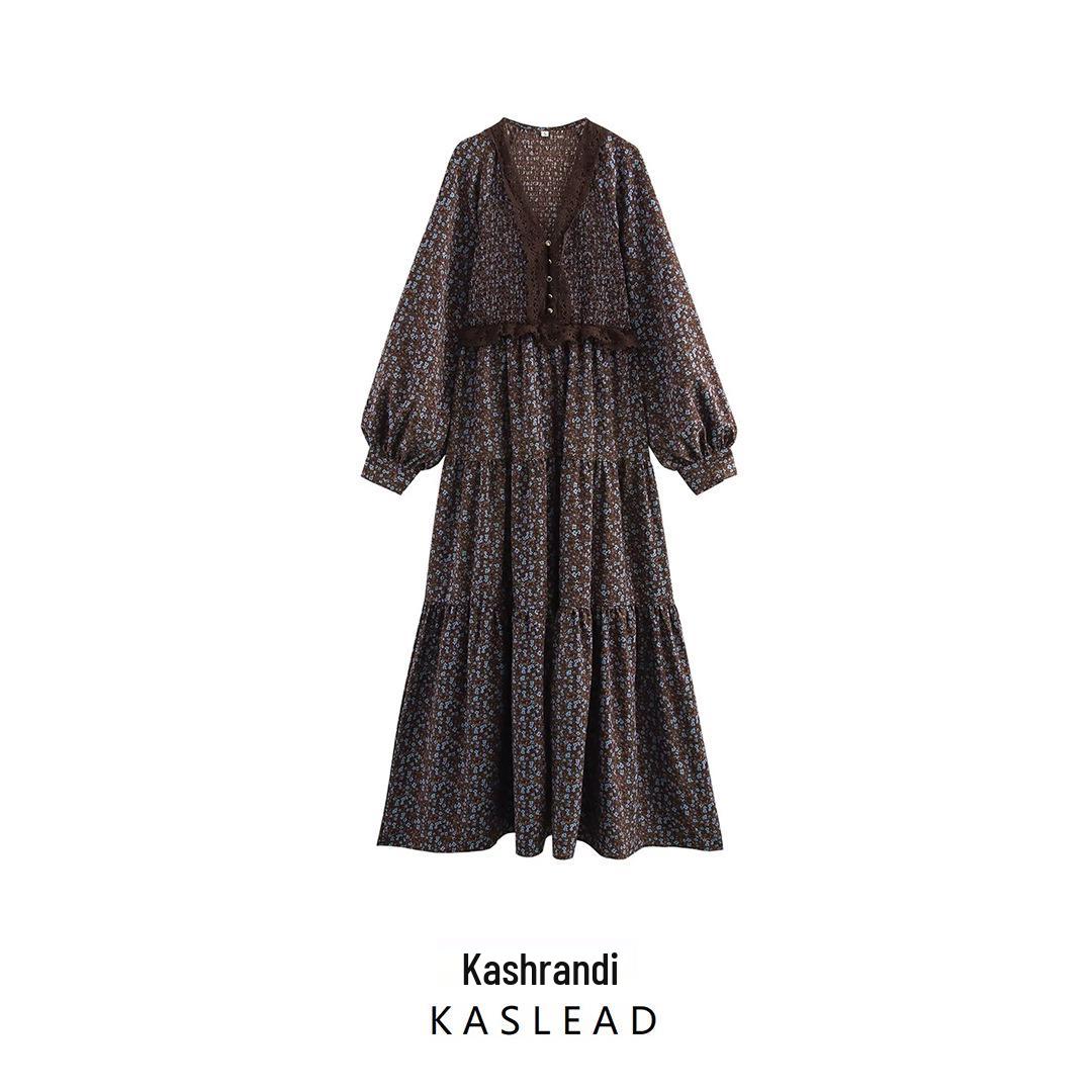 

2024 Winter Women s Patchwork Lace V-Neck Floral Dress - European & American Retro Style Small