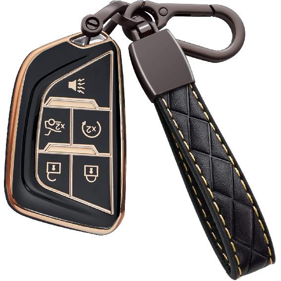 for Cadillac Key Fob Cover Soft TPU with Keychain Shell Full Protective Cover Remote Smart Key Fob Case Compatible with 2020-2023 Cadillac Escalade