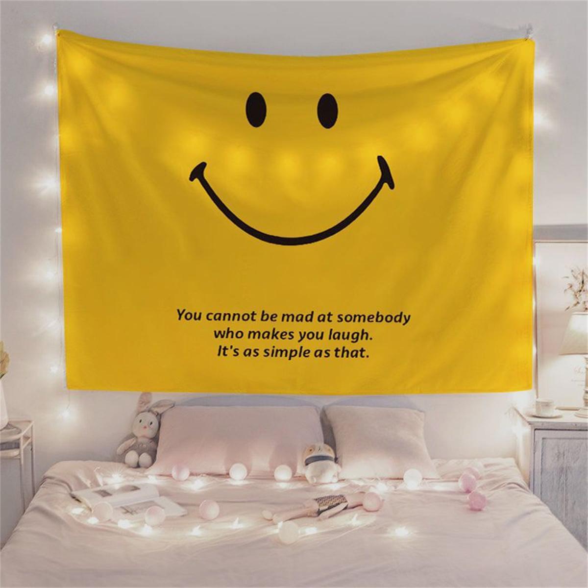 Cute Smiling Face Tapestry Yellow Be Happy Everyday Wall Hanging Cartoon Positive Quote Decor for Teen Girl Bedroom Dorm Nurse 74x94cm(29x37in)