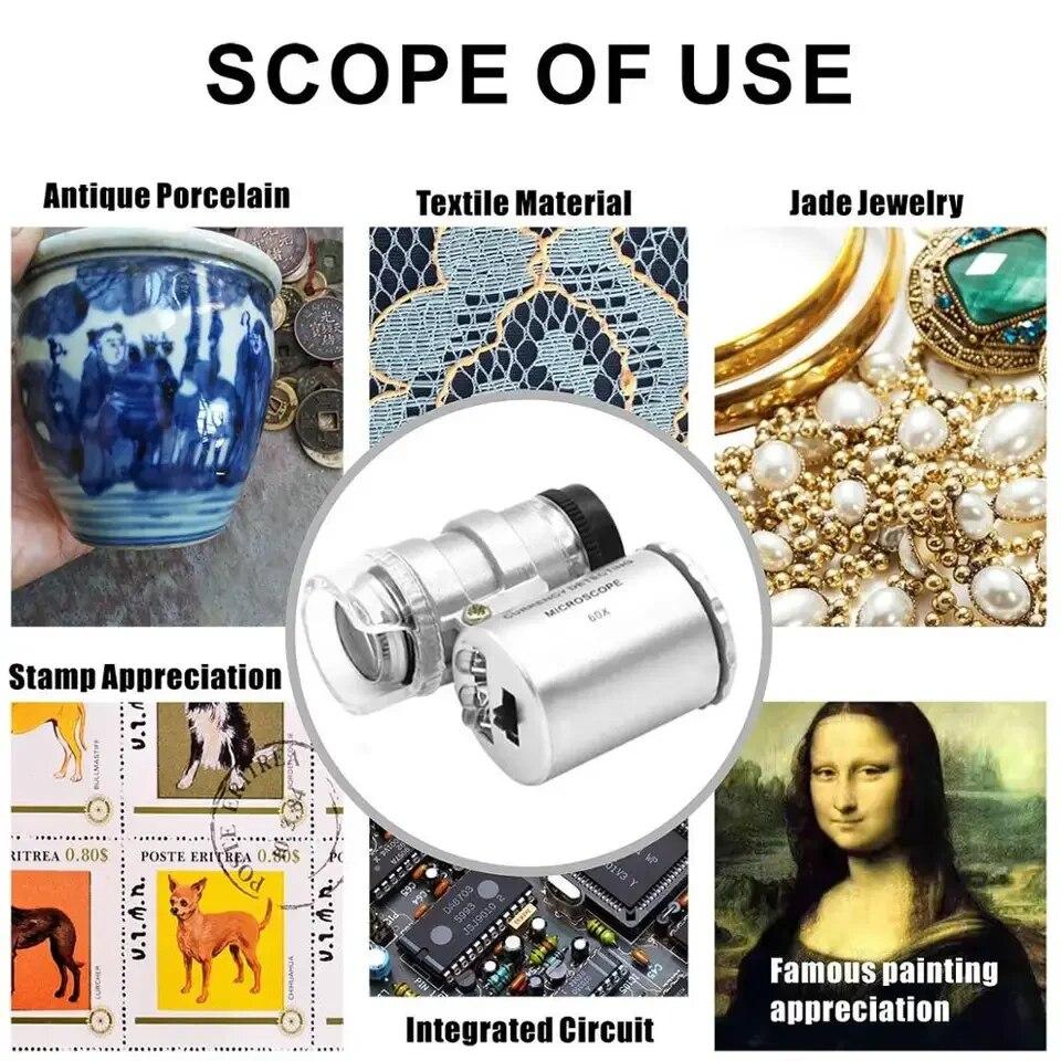 Mini Mikroskop 60X ze Światłem LED Ręczny Kieszonkowy o Wysokiej Rozdzielczości Lupa Jubilerska Przenośny Wykrywacz Banknotów Mała Lupa