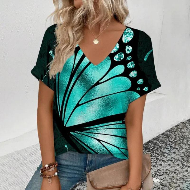 

Новая футболка для женщин, футболки с цветочным принтом, свободная блузка с V-образным вырезом и коротким рукавом, женские модные топы с графическим принтом, уличные топы в стиле Харадзюку 6XL