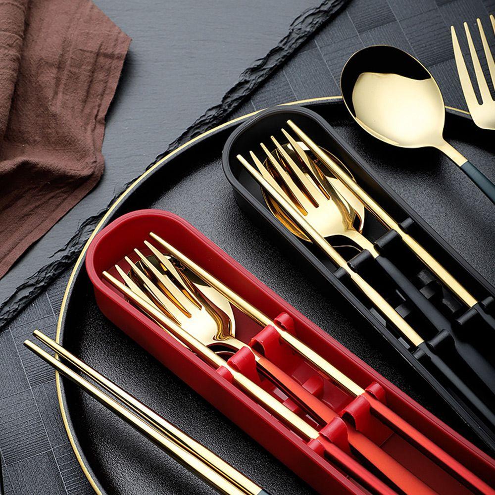 

Портативный набор столовых приборов из нержавеющей стали с коробкой, набор столовых приборов, ложка, вилка, палочки для еды