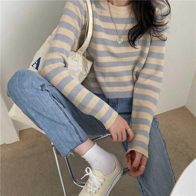Damen Retro Gestreifter Lockerer Langarm Strickpullover 2025 - Frühling & Herbst Design