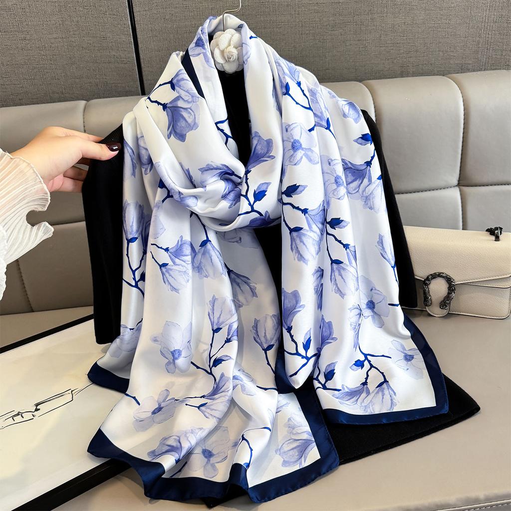 Luxury Long Scarf For Women Floral Shawl Warps For Travel Beach Ladies Hijab Elegant Neckerchief Soft Stain Faux Silk Scarves