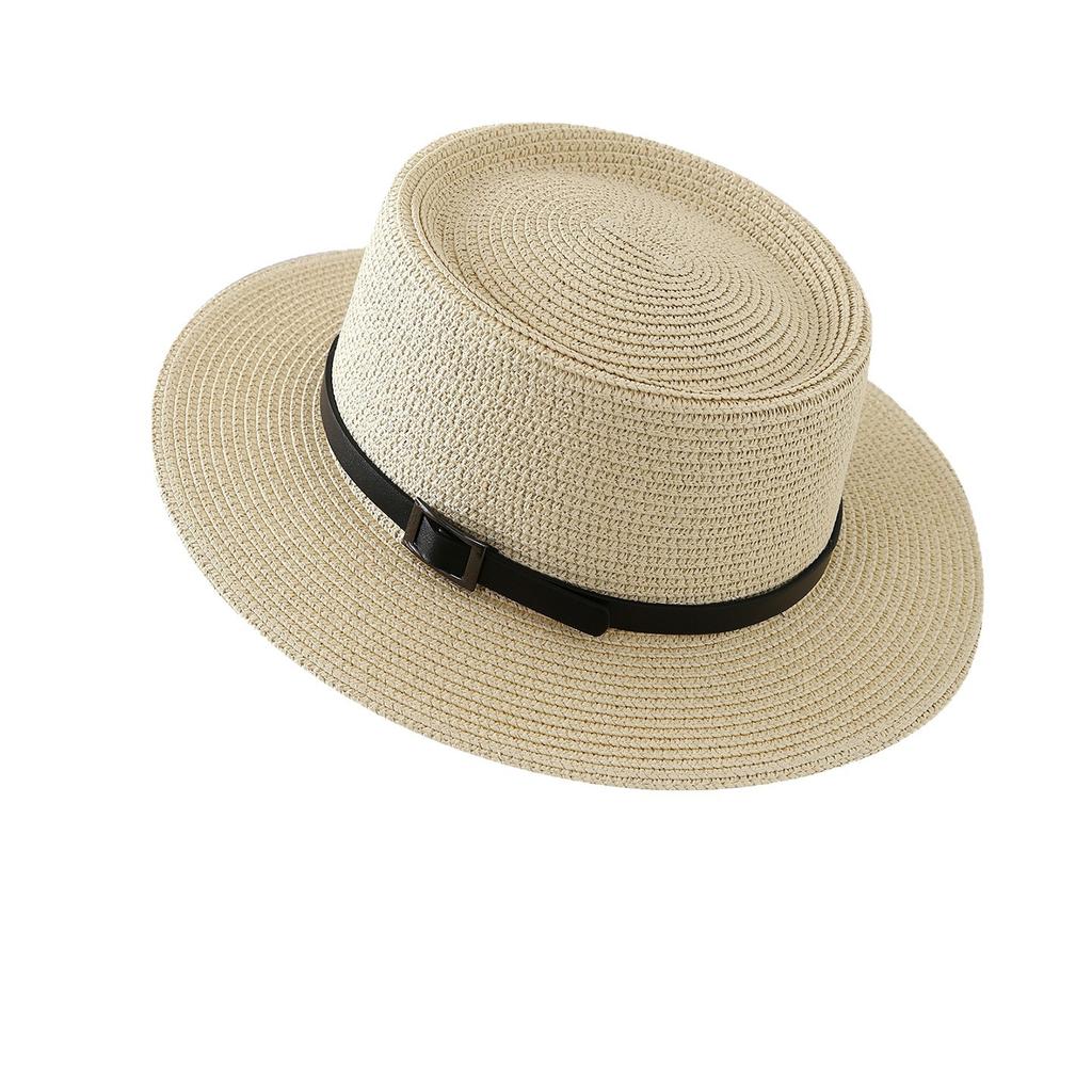 French Top Hat Flat Top Straw Hat Women's Retro Black Belt Buckle Straw Hat Sunscreen Shade Straw Hat Seaside Beach Hat