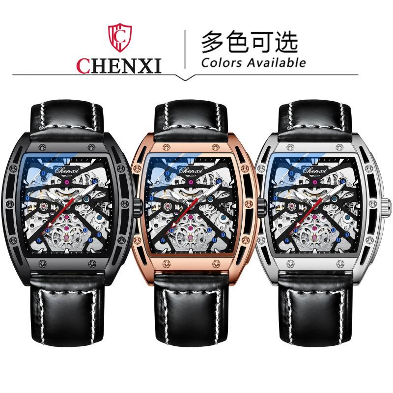 Mens Automatic Mechanical Watch Wine Barrel Skeleton Genuine Leather Waterproof 30M Luminous Casual Style
