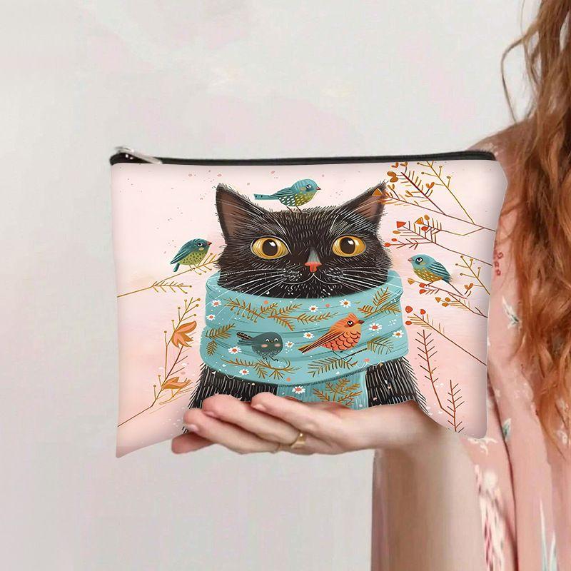 Retro kosmetyczka z kotem płócienna na zamek duża pojemność piórnik kosmetyczka torba do prania ręcznego