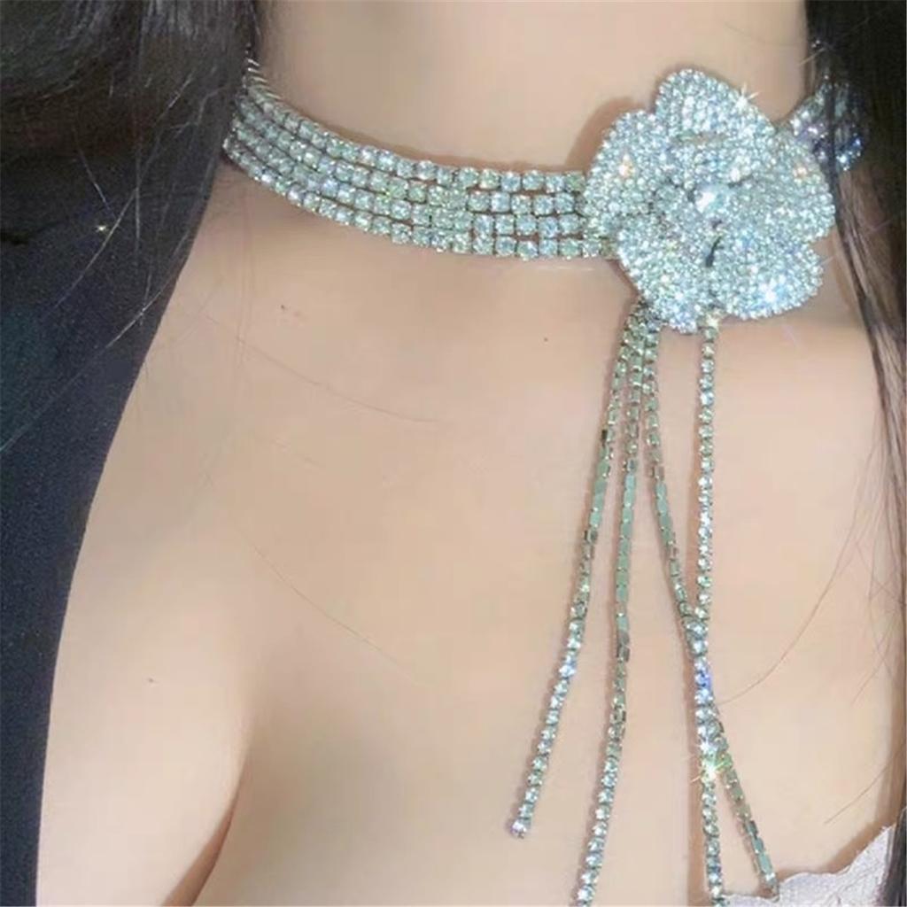 Tooxika Full Diamonds Multi-layer Flash Diamond Flowers Tassel Collar Light Luxury Bridal Wedding Dinner Necklace Women
