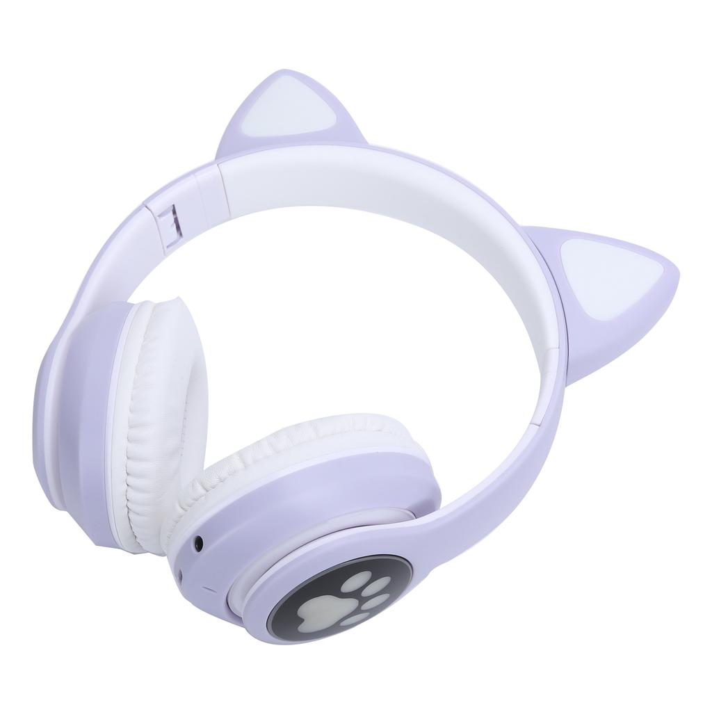 Bluetooth 5.0 Headphones Cat Ear LED Light Wireless Cute Headsets for Young PeoplePurple Cat Paw Pattern