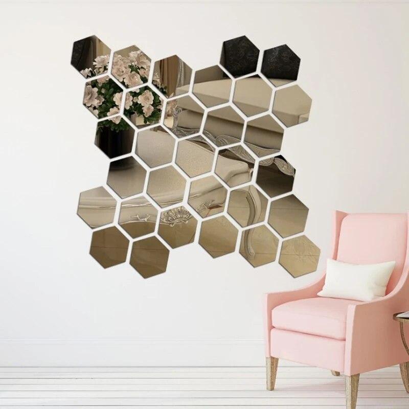 12pcs Mirror Wall Stickers Living Room TV Backdrop Decorative Stickers Hexagonal Mirror Wall Stickers Decorative Mirror
