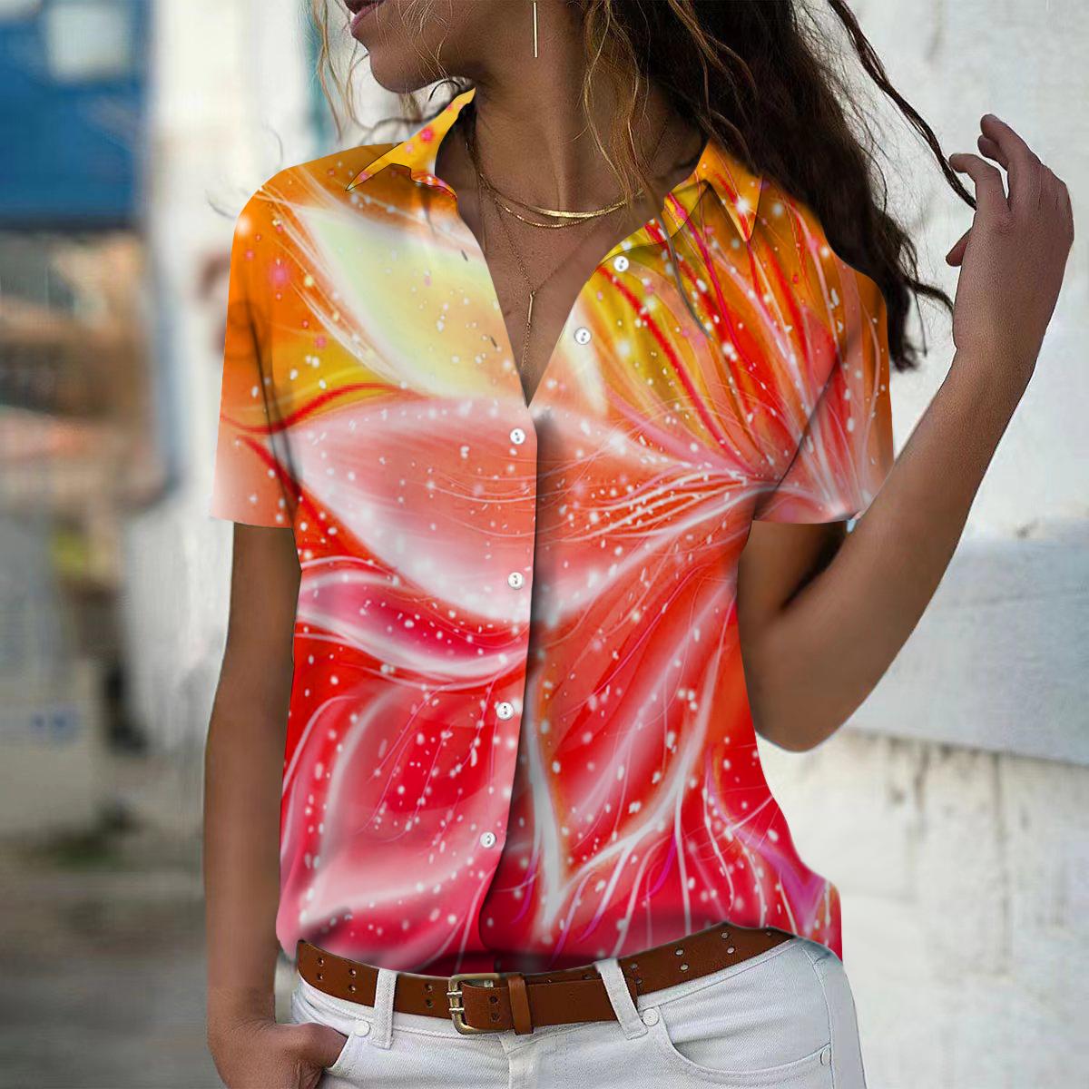 

2025 Лето Новая Мода Женская Блузка с Коротким Рукавом и V-образным Вырезом, Повседневная Рубашка на Пуговицах с Принтом Листьев 8XL оранжевый