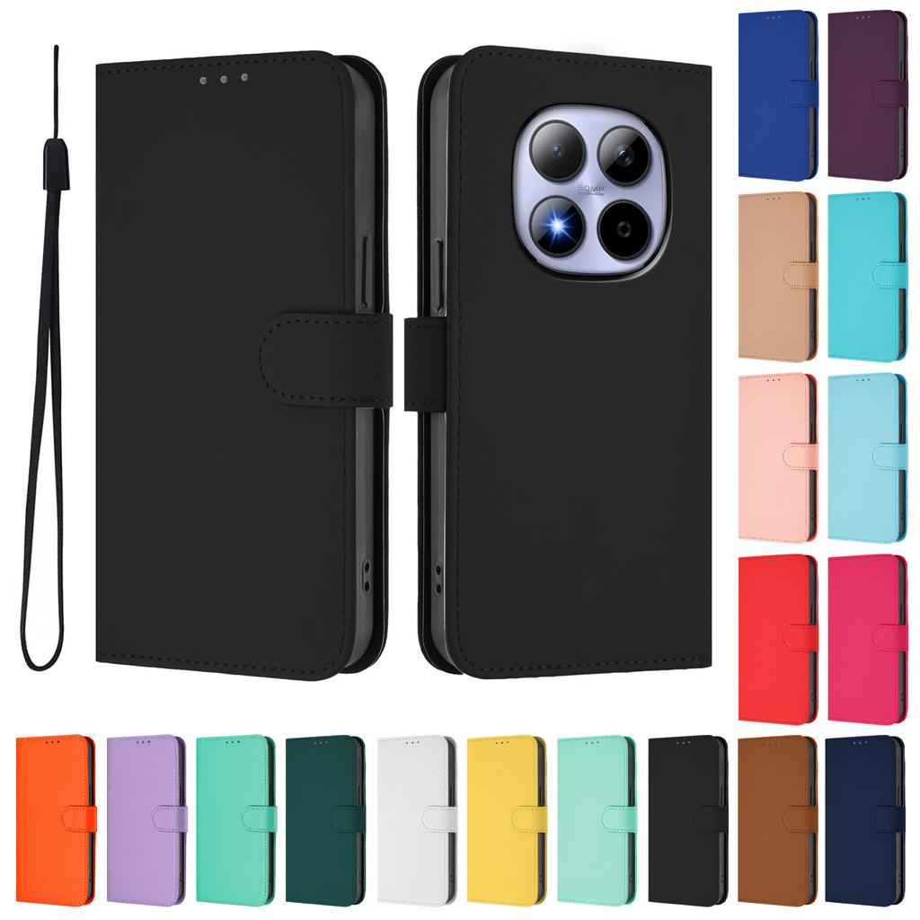 For Xiaomi Redmi Note 15 Pro 5G Case Solid Color Wallet Leather Phone Cover with Strap