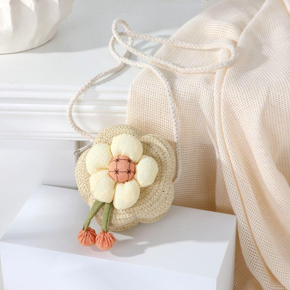 Прочная соломенная сумка через плечо, цветочный плетеный кошелек для монет, сумка для девочек и детей, летняя милая мини-сумочка принцессы бежевый