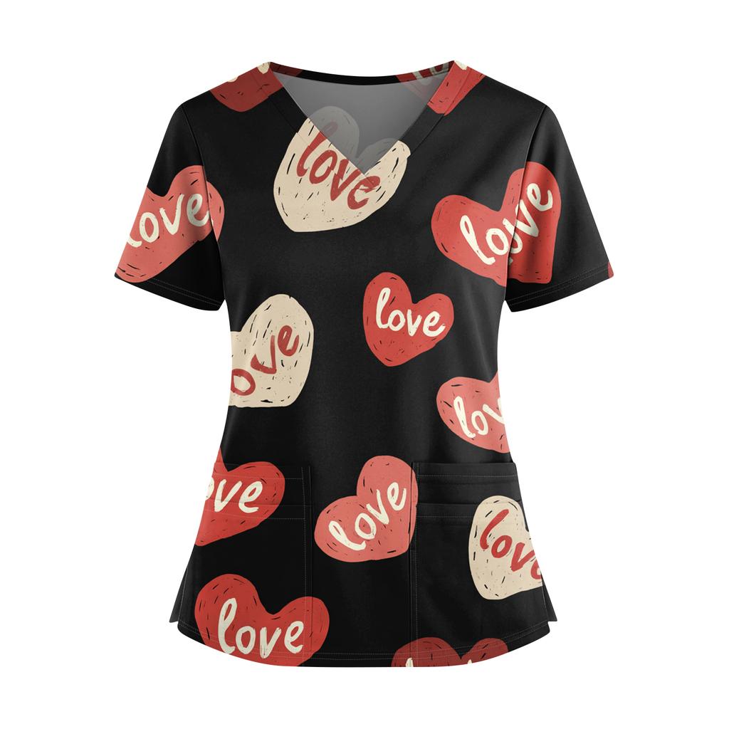 Damen Valentinstag Bedrucktes V-Ausschnitt Doppel-Taschen Kurzarm Saumschlitz Uniform Pflegekraft Oberteil