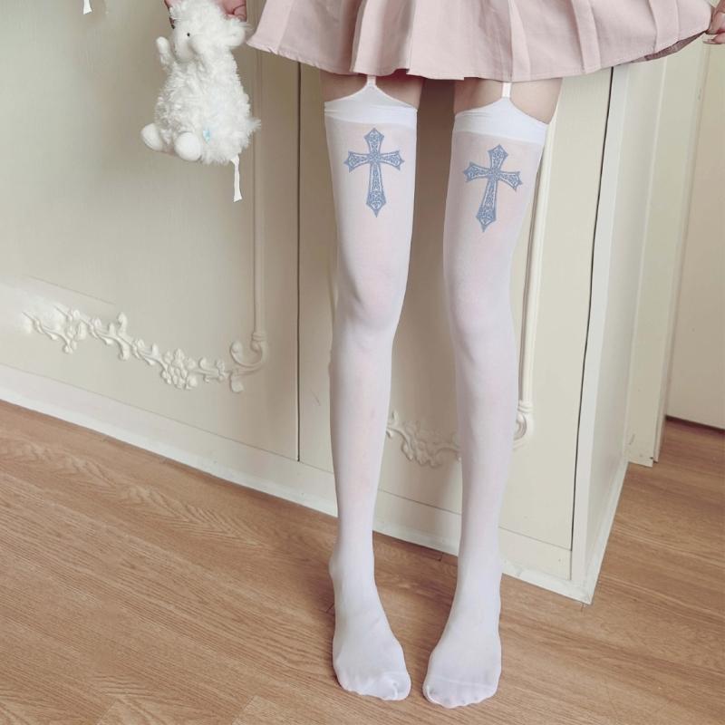 Womens Garter Belt Strappy Suspender Pantyhose Japanese Gothic Crosses Print Thigh High Stockings Bandages Silk Tights